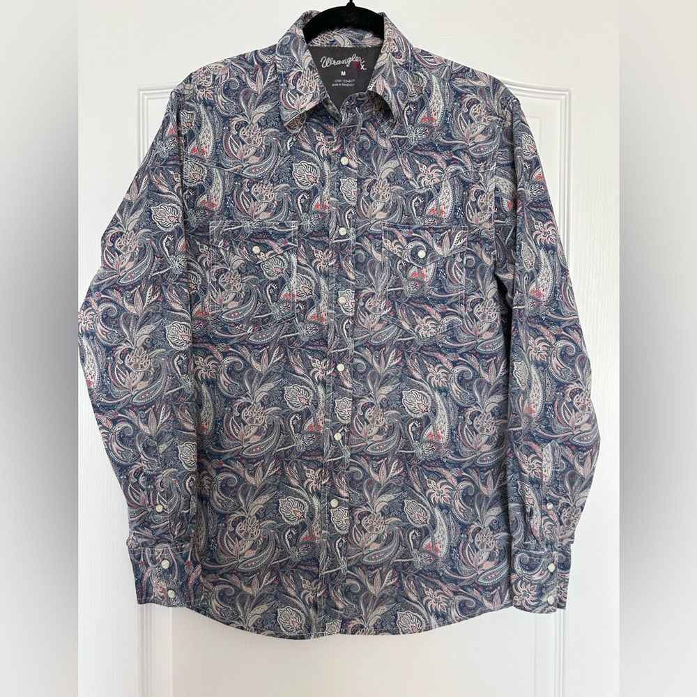 Wrangler 20X Men's Pearl Snap Western Shirt Blue Paisley Cowboy Style Medium